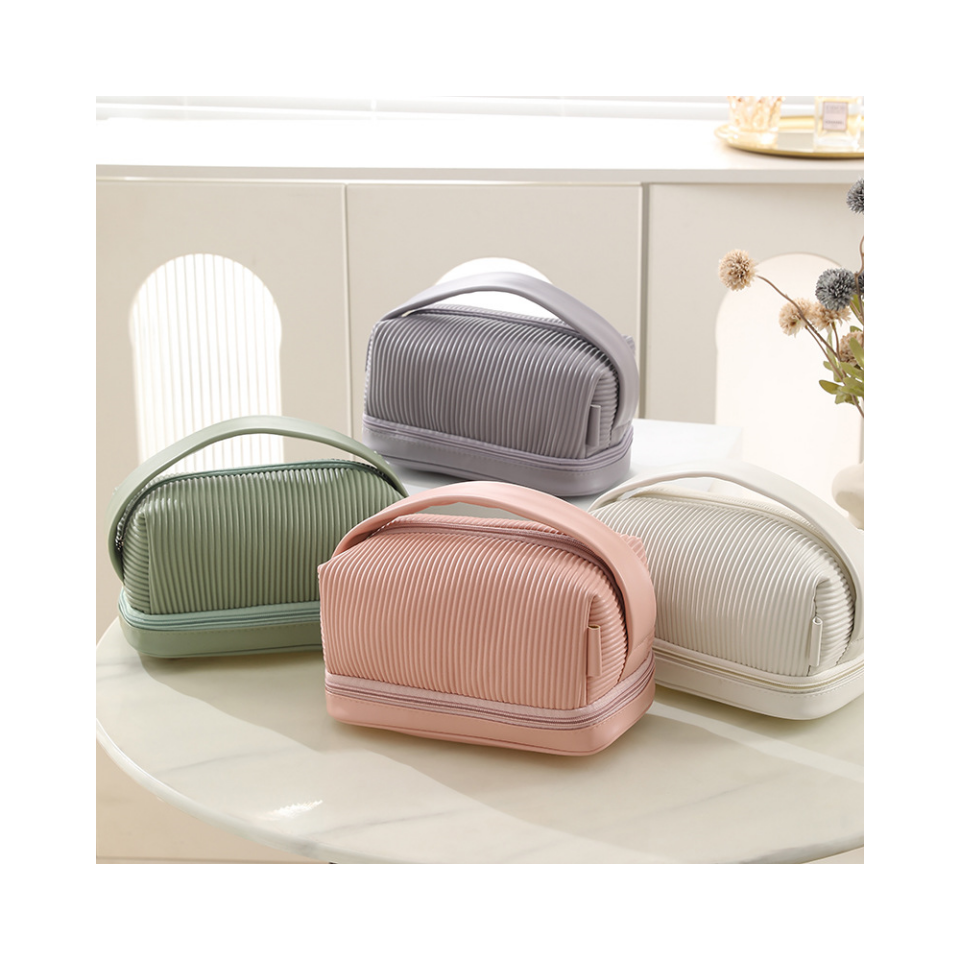 Wholesale Small Makeup PU Striped Leather Cosmetic Bag with Handle Portable Travel Pouch