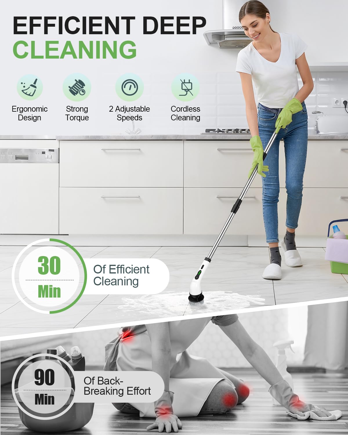 Electric Spin Scrubber, Quiet Cordless Shower Scrubber, 8 Replaceable Heads, Adjustable Extendable Pole