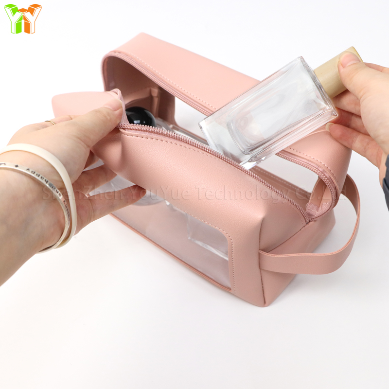 YY Clear Window Cosmetic Bag Makeup Bag Durable PU Leather Toiletry Storage Bag Organizer Transparent Travel Cosmetic Bag
