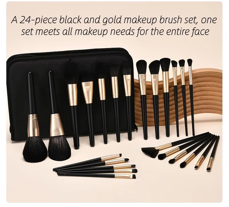 24-Piece Black and Gold Makeup Brush Kit with Soft Bristles and High Quality Wooden Handle for Face Makeup and Foundation Use
