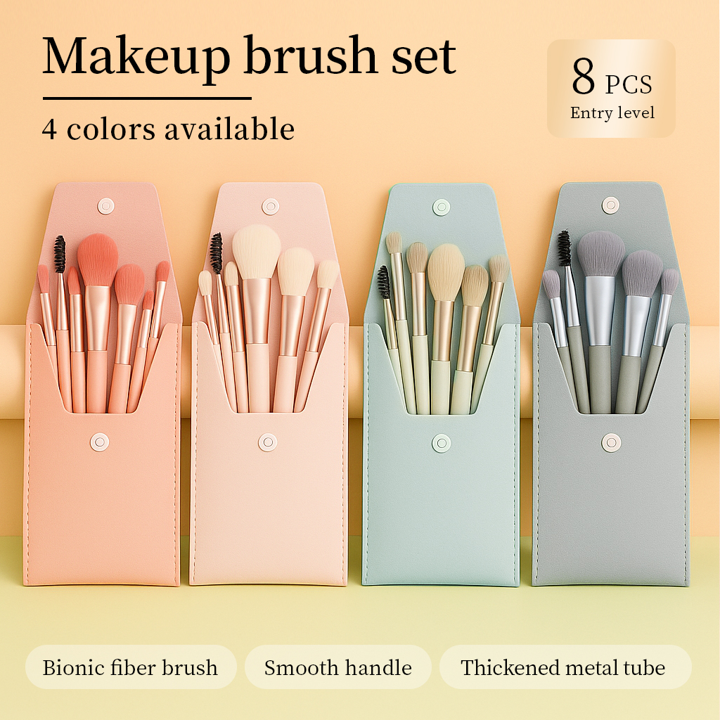 Premium Mini 8-Piece Travel Makeup Brush Set Soft Synthetic Bristles Fan Brush Thickened Alumina Tube-Gift Kit for Face