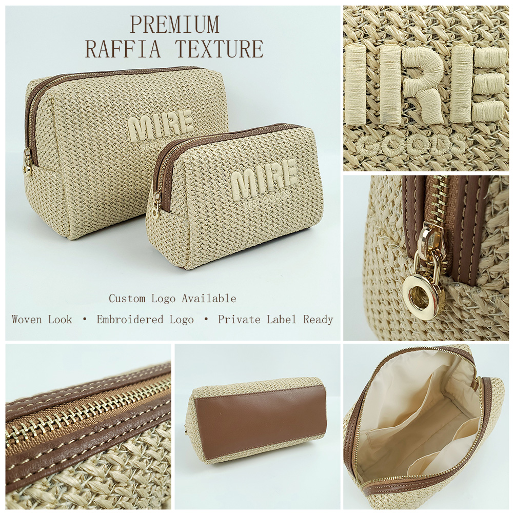 Straw Custom Raffia Makeup Bag Neutral Aesthetic Travel Cosmetic Bag Case Pouch Private Label Beauty Organizer 3D Embossed Logo