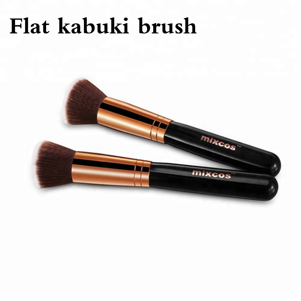 OEM High Quality Synthetic Hair Wood Handle Private Label Professional Flat Top Face Foundation Brush Black