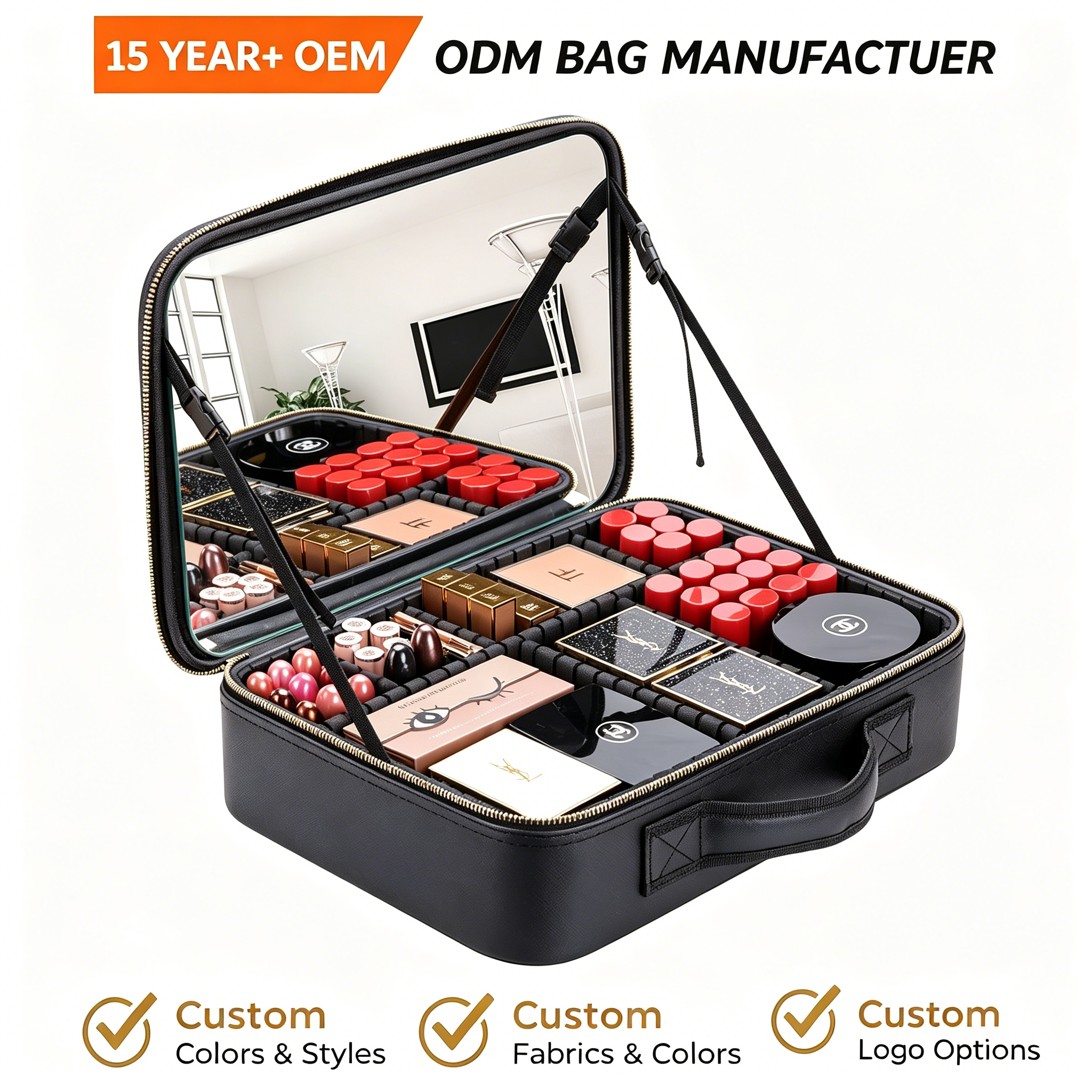 Waterproof PU Leather Large Travel Makeup Case with Mirror Dividers Zipper Closure Cosmetics Bag Convenient Dividers for Brushes