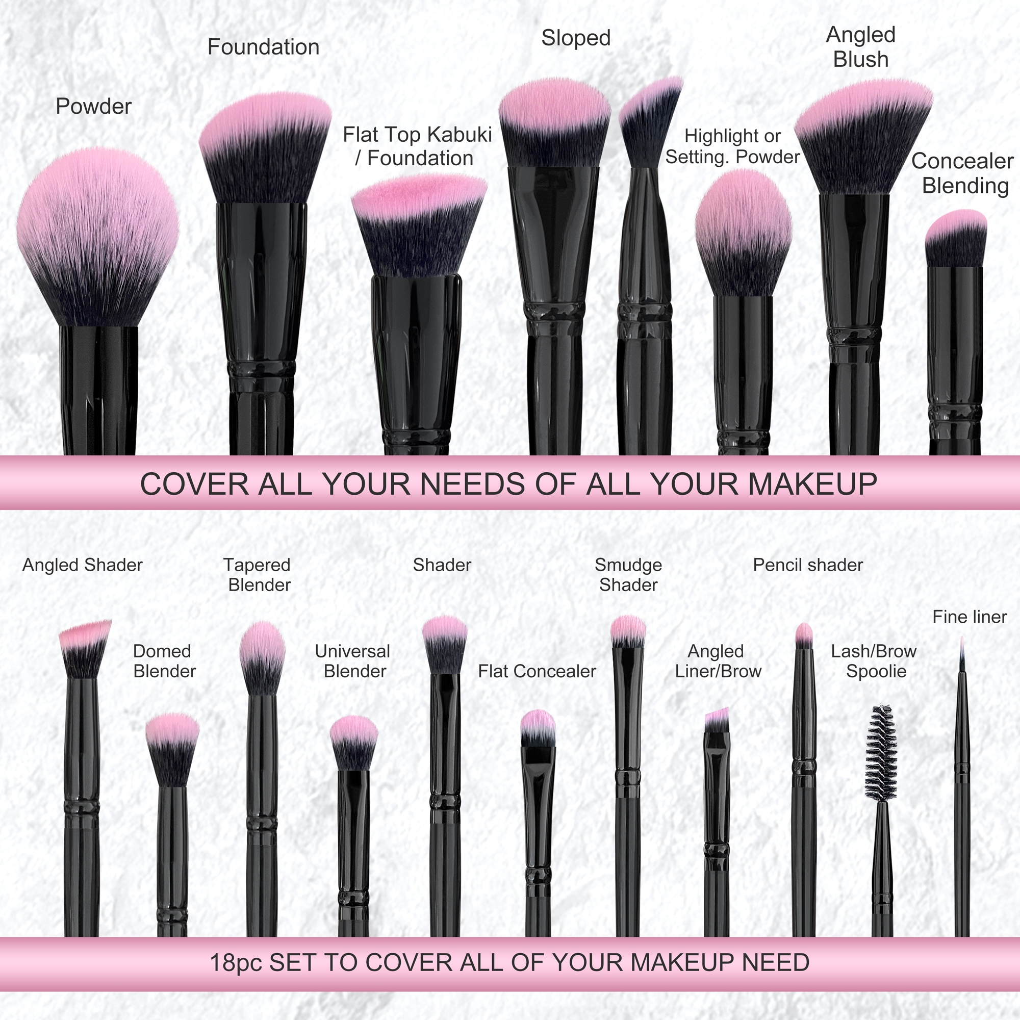 Daily Queen Customize Logo 19pcs Pink Hair Series Black High Top Quality Fluffy Powder Foundation Eyeshadow Makeup Brush Set