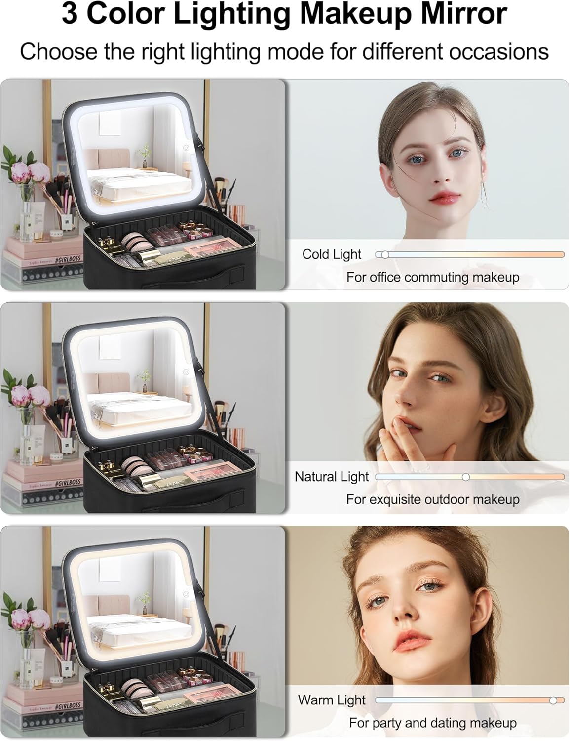 Travel Makeup Bag With LED Mirror Cosmetic Case with Light up Mirror Adjustable Dividers with Makeup Brush Holder Storage