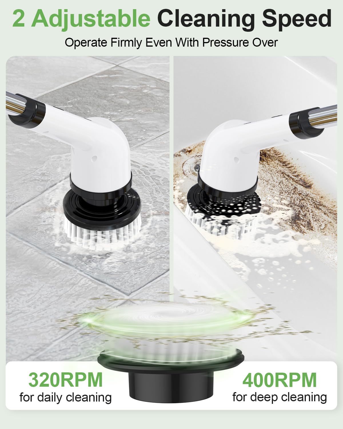 Electric Spin Scrubber, Quiet Cordless Shower Scrubber, 8 Replaceable Heads, Adjustable Extendable Pole