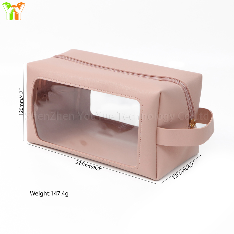 YY Clear Window Cosmetic Bag Makeup Bag Durable PU Leather Toiletry Storage Bag Organizer Transparent Travel Cosmetic Bag