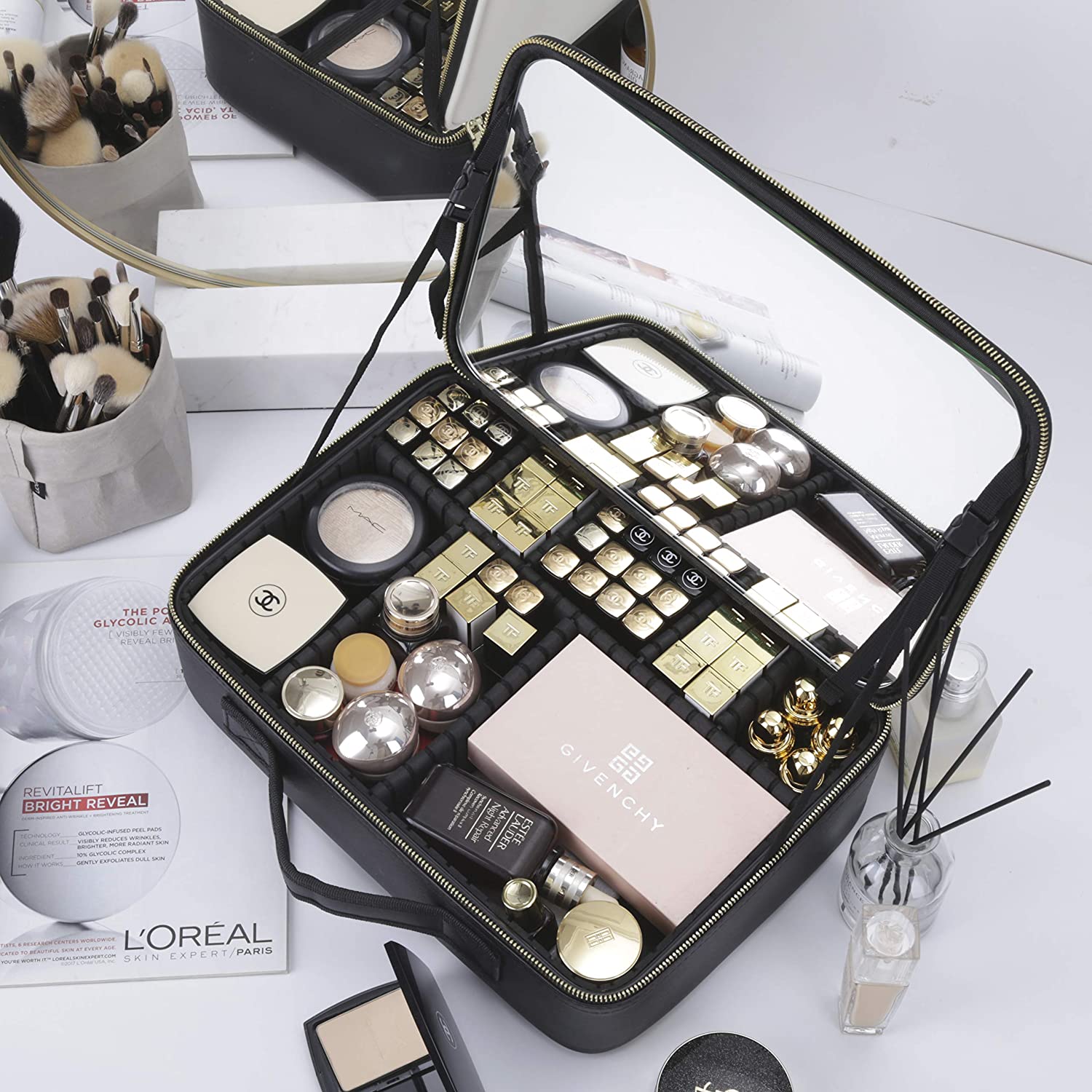 Waterproof PU Leather Large Travel Makeup Case with Mirror Dividers Zipper Closure Cosmetics Bag Convenient Dividers for Brushes