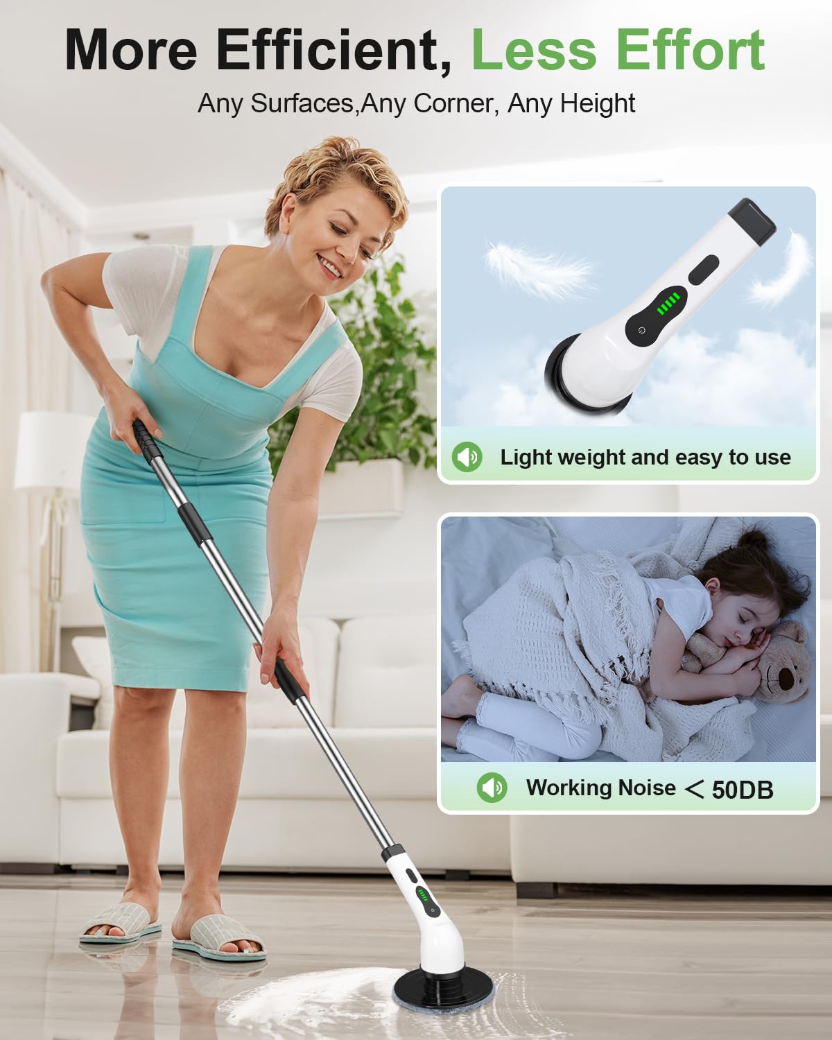 Electric Spin Scrubber, Quiet Cordless Shower Scrubber, 8 Replaceable Heads, Adjustable Extendable Pole