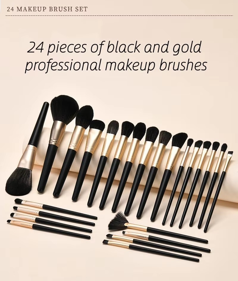 24-Piece Black and Gold Makeup Brush Kit with Soft Bristles and High Quality Wooden Handle for Face Makeup and Foundation Use