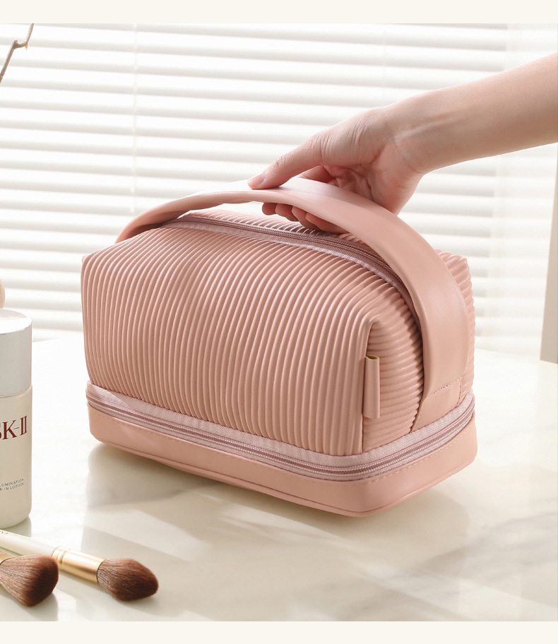 Wholesale Small Makeup PU Striped Leather Cosmetic Bag with Handle Portable Travel Pouch