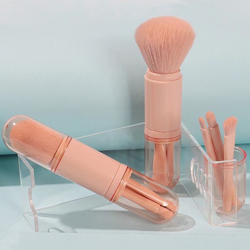 Essential 4 in 1 Mini Retractab pink Kabuki Makeup Brush Loose Powder Brush Synthetic Travel Portable Makeup Brush Set