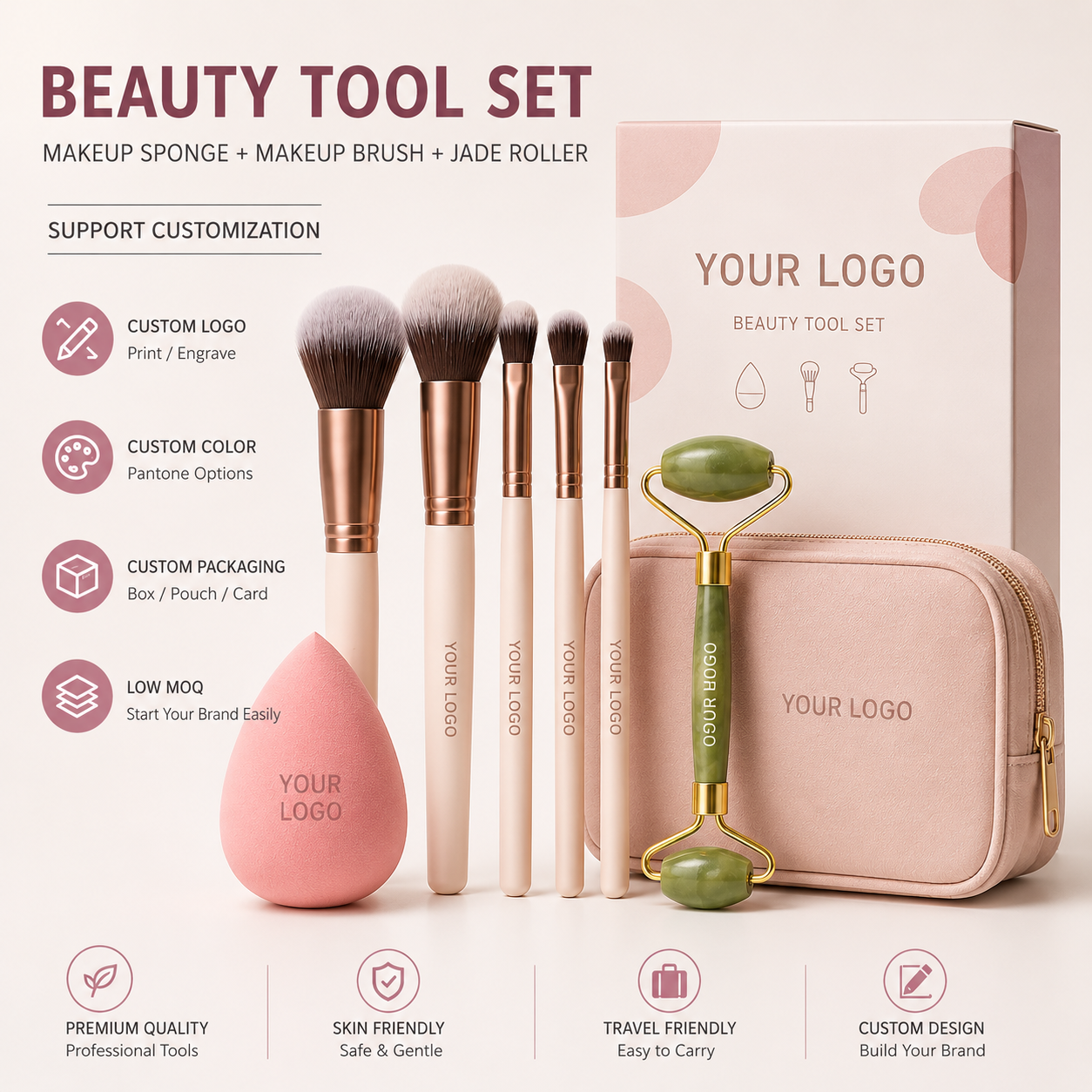 One Stop Beauty Tools Supplier Custom Makeup Sponge Makeup Brush Jade Roller Private Label