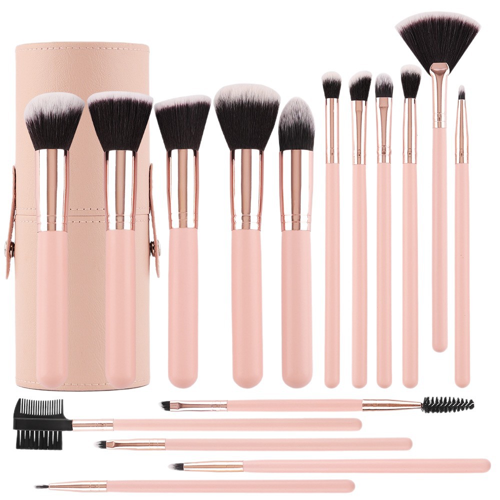 16 Piece Pink Makeup Brush Set Wooden Handle Synthetic Bristles Professional Face Makeup Kit for Foundation Blush Eyeshadow