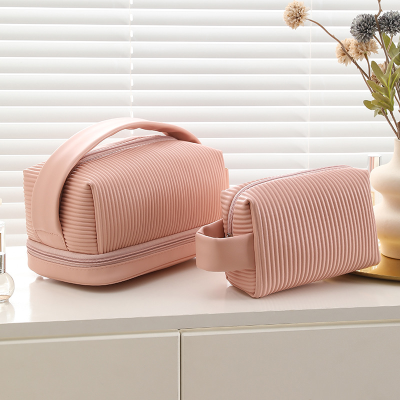 Wholesale Small Makeup PU Striped Leather Cosmetic Bag with Handle Portable Travel Pouch
