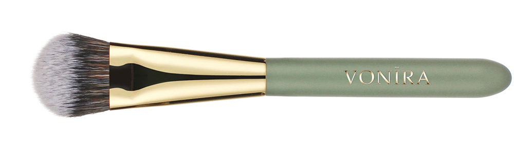 Curved Liquid Foundation Brush With Gold Copper Green Wood Handle Custom Private Label