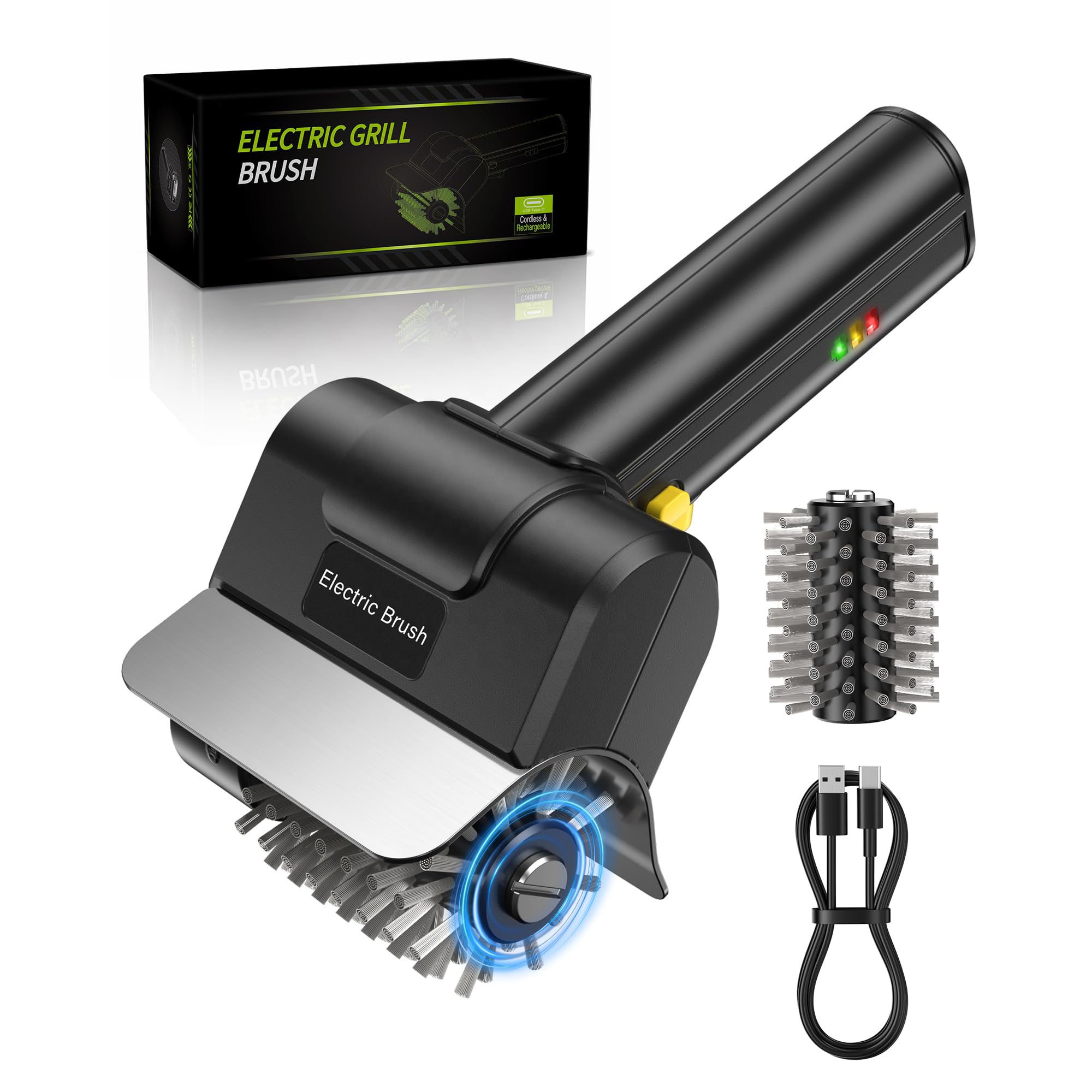 Rechargeable Electric Grill Brush Power Spinning Stainless Steel Bristle Free BBQ Cleaning Brush Food Grade With Plastic Handle