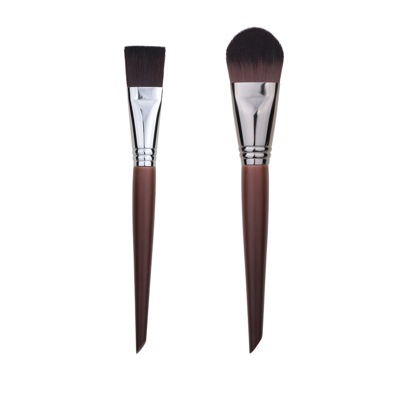 Custom Logo Professional Premium Quality Synthetic Hair Brown Wooden Handle Smudge Flat Foundation Brush for Facial Face Mask