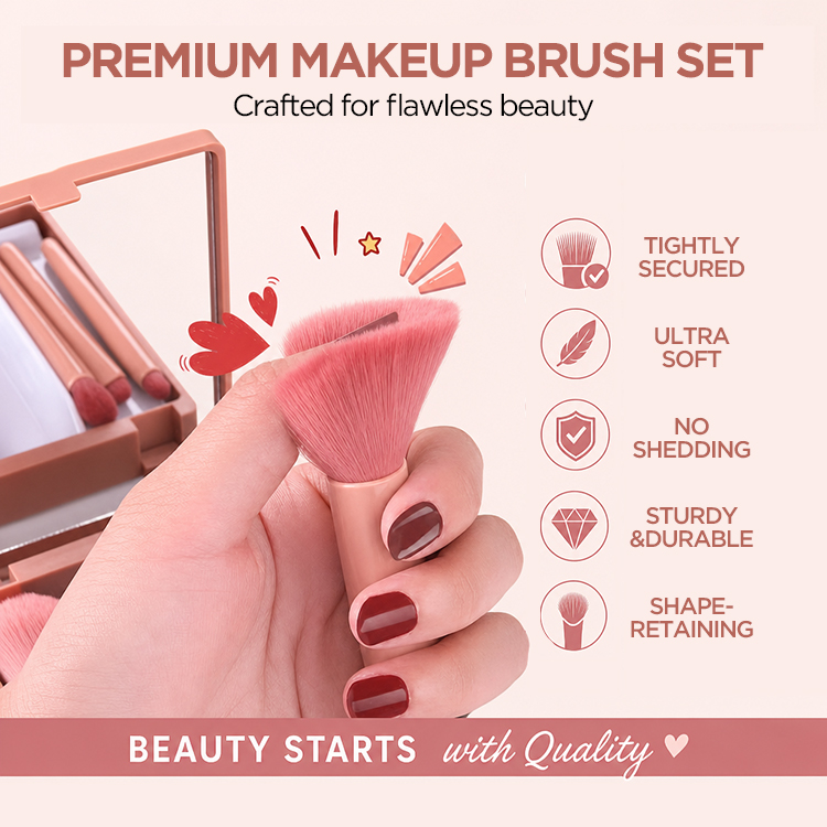 Portable 5pcs Multi-Function Synthetic Hair Makeup Brush Set Foundation Powder Blush Eye Shadow Face Cosmetic Kit Mirror Case