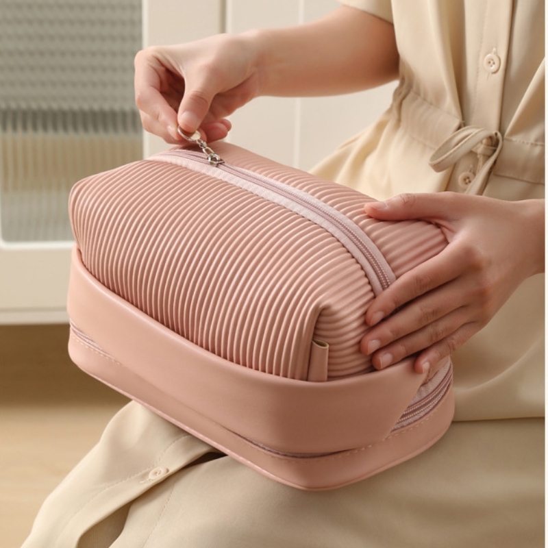 Wholesale Small Makeup PU Striped Leather Cosmetic Bag with Handle Portable Travel Pouch