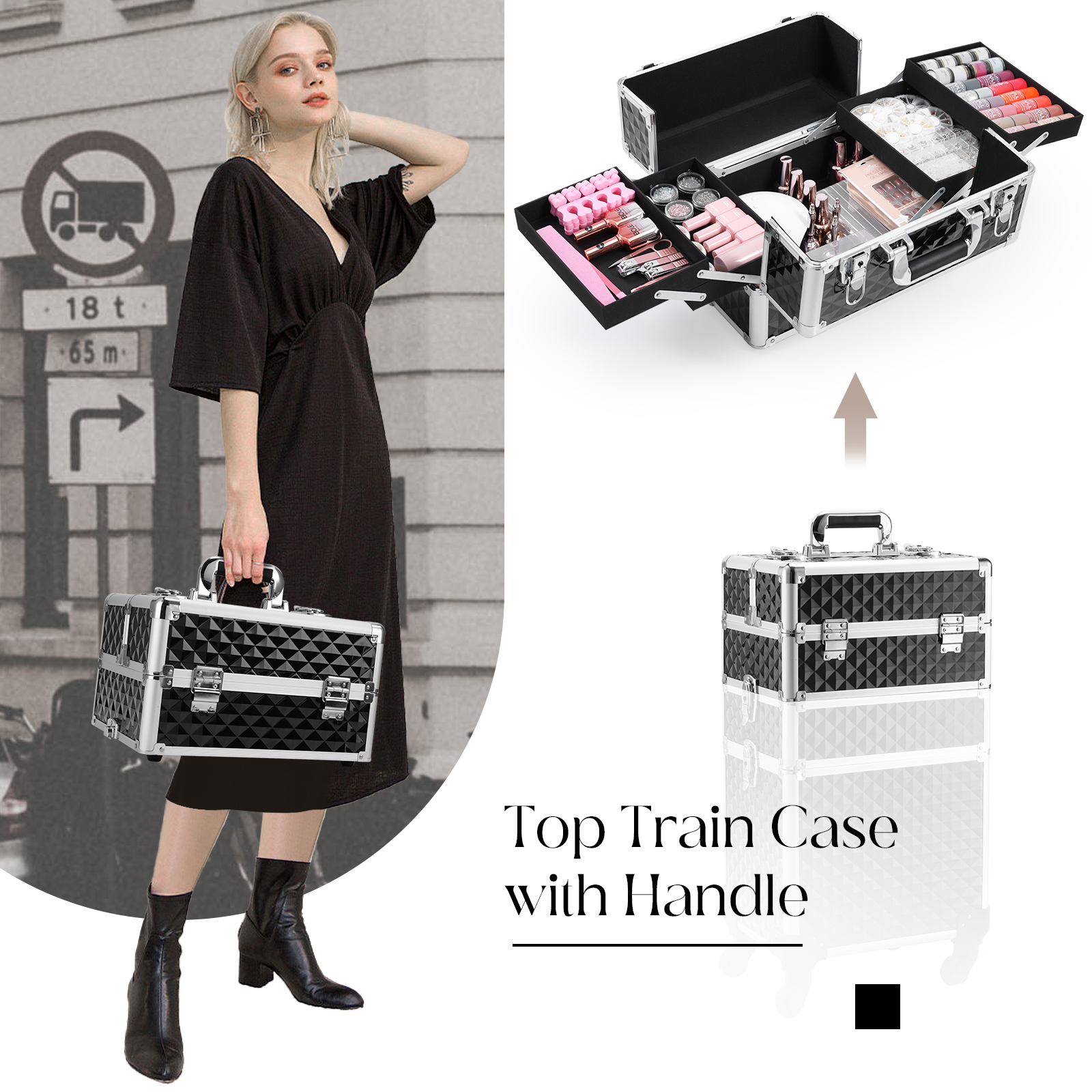 3-in-1 Large Capacity Rolling Makeup Case With Wheels Hairdresser Trolley Salon Barber Traveling Cart Trunk For Nail Cases