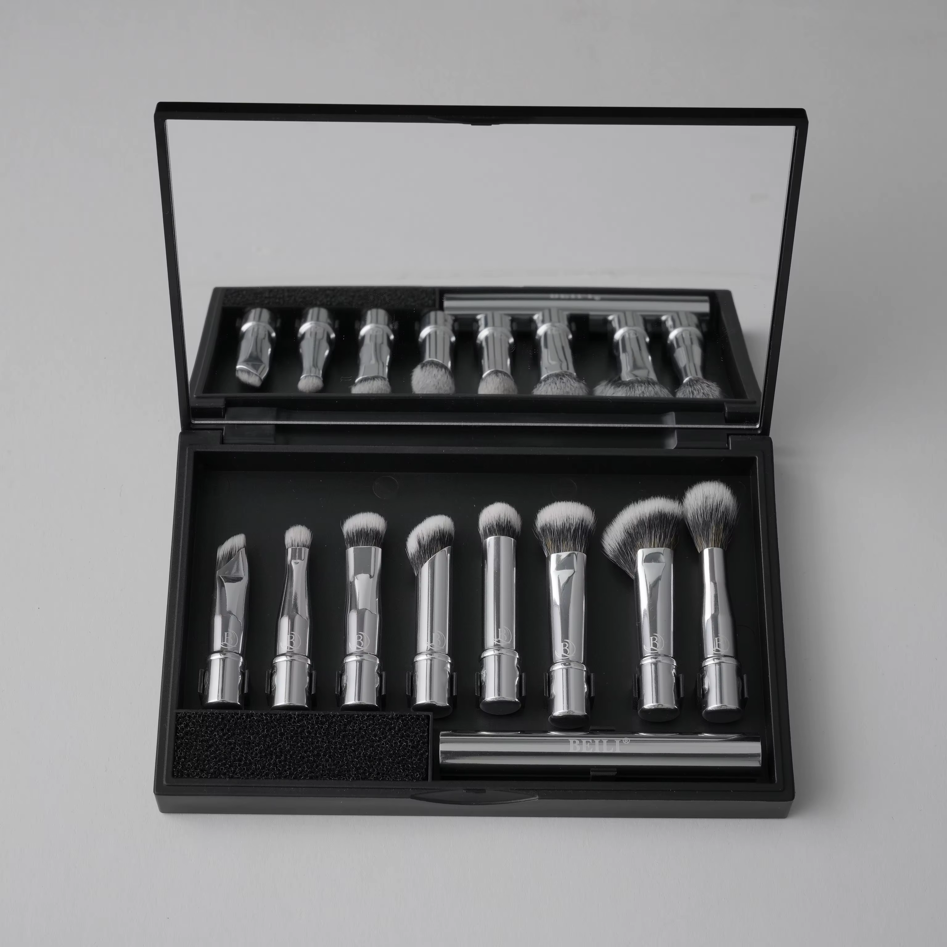 New Arrival 8pcs Mini Protabel Makeup Brushes Professional Vegan Synthetic Hair Removable Travel Makeup Brush Set With Mirror