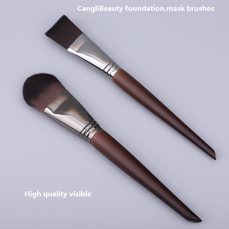 Custom Logo Professional Premium Quality Synthetic Hair Brown Wooden Handle Smudge Flat Foundation Brush for Facial Face Mask