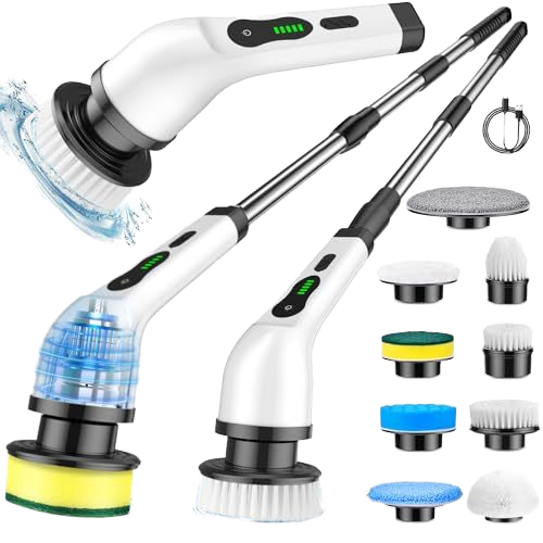 USB Rechargeable Electric Spin Scrubber Cleaning Brush Long Handle 9 Brush Sink Bathroom Bathtub Cleaner Cleans Brushes