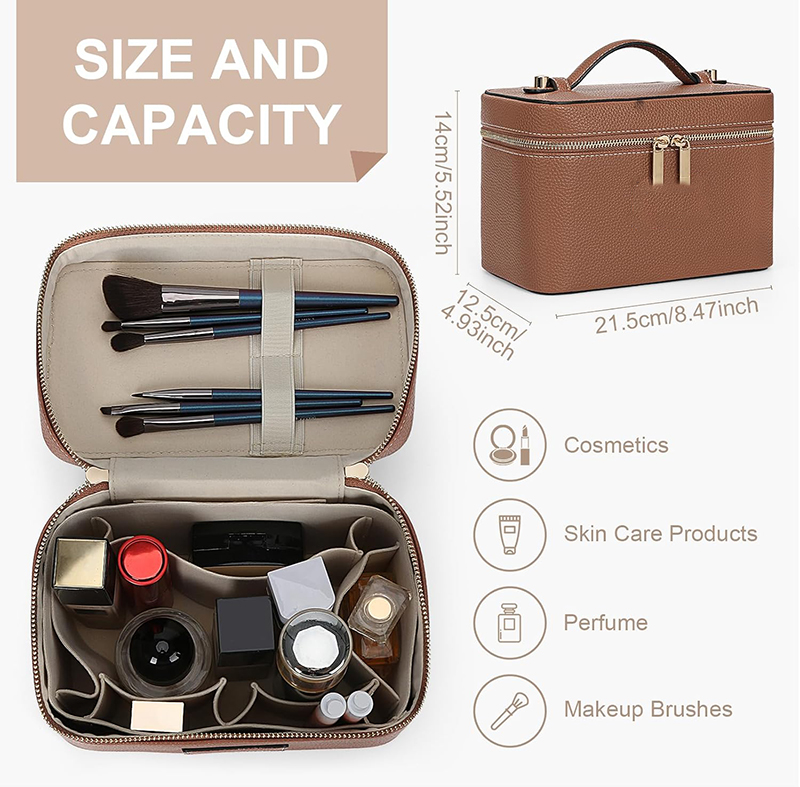 Portable Fashion Pu Leather Zipper Cosmetic Organizer Case with Large Capacity Water Resistant Soft Handle Travel Makeup Storage