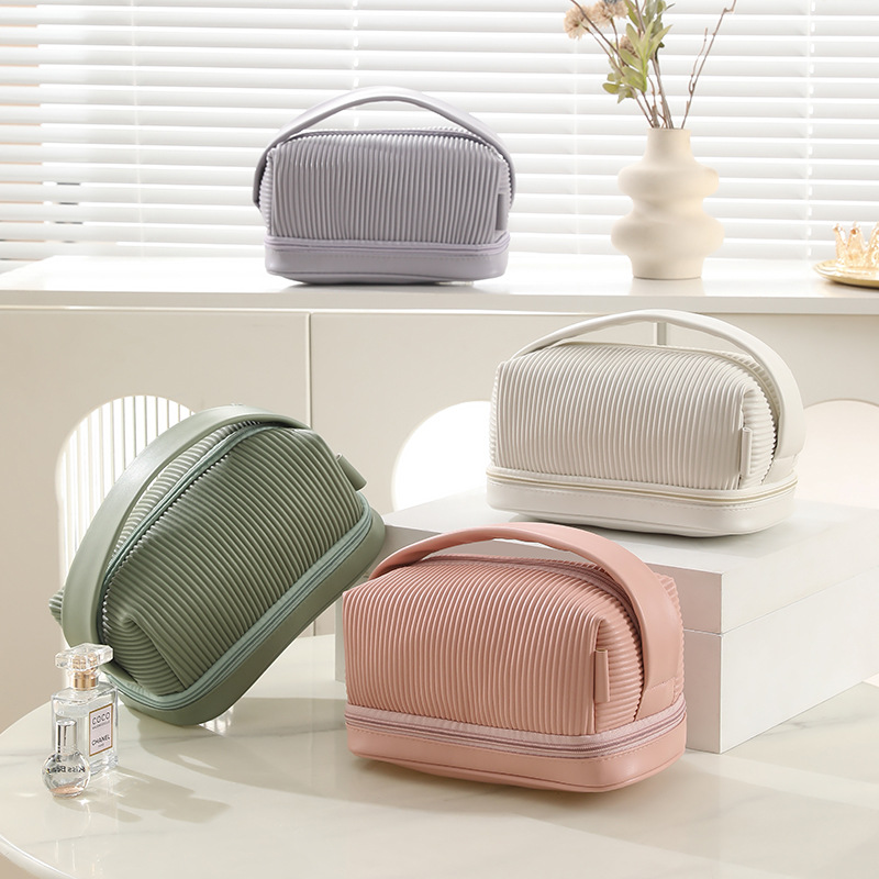 Wholesale Small Makeup PU Striped Leather Cosmetic Bag with Handle Portable Travel Pouch