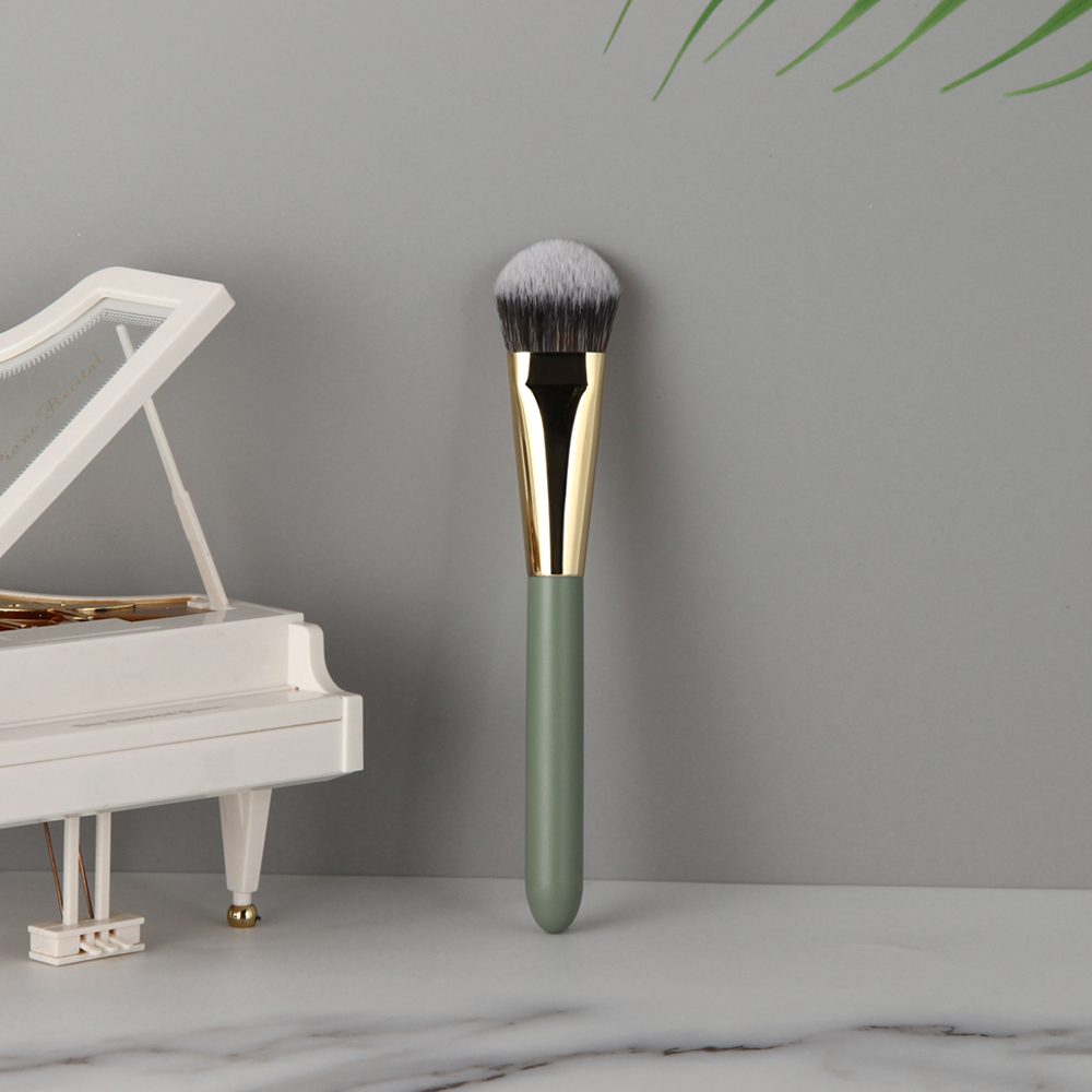 Vonira GHF-107 Curved Liquid Foundation Brush With Gold Copper Green Wood Handle Custom Private Label
