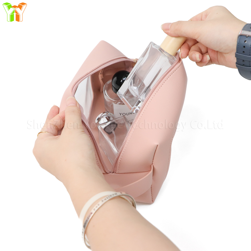 YY Clear Window Cosmetic Bag Makeup Bag Durable PU Leather Toiletry Storage Bag Organizer Transparent Travel Cosmetic Bag