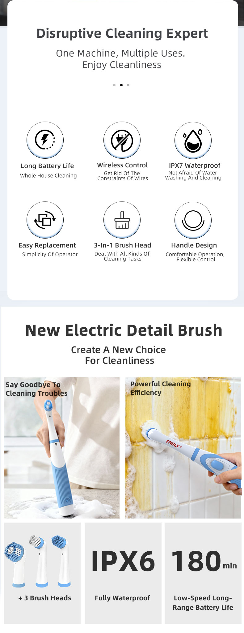 TRULY Electric Cleaning Brush Kitchen and Bathroom Multi Functional Cleaner Electric Shoe Cleaning Brush Handheld Cleaning Brush