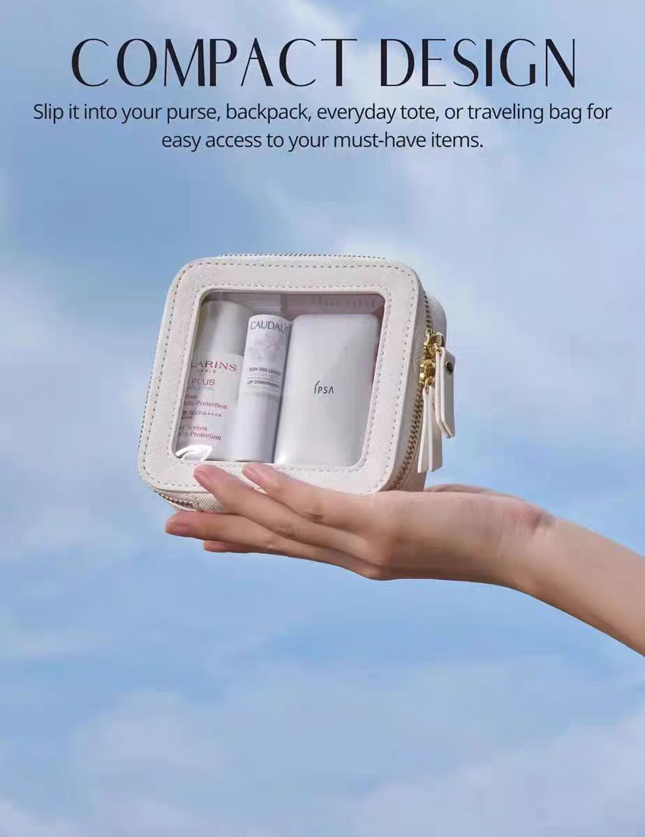 Small Cute Tiny Leather PU for Toiletry Organizer Case Mini Clear Makeup Bag with Zipper Closure for Travel Purse Cosmetics