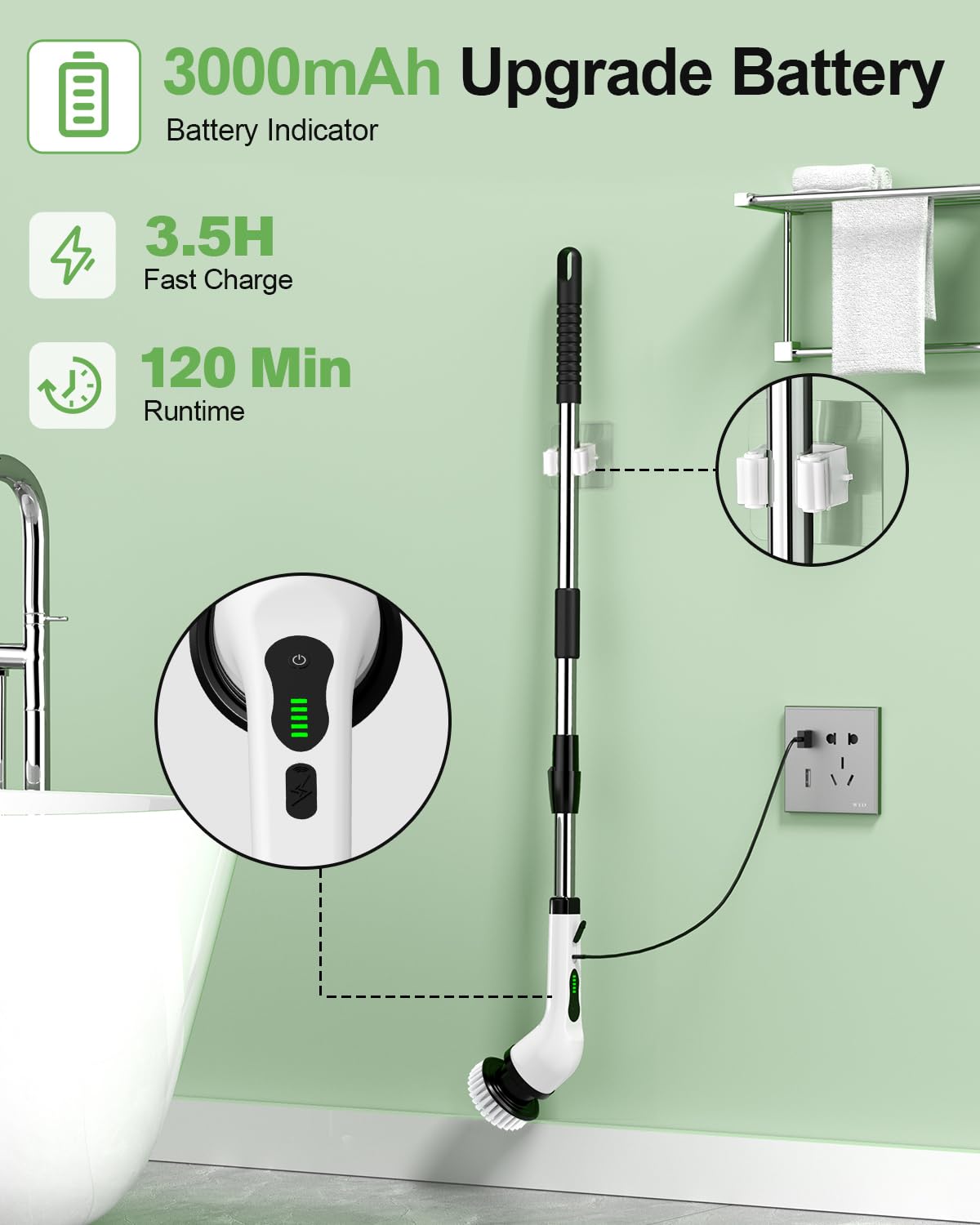 Electric Spin Scrubber, Quiet Cordless Shower Scrubber, 8 Replaceable Heads, Adjustable Extendable Pole