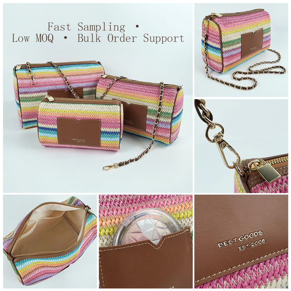 Straw Custom Raffia Makeup Bag Neutral Aesthetic Travel Cosmetic Bag Case Pouch Private Label Beauty Organizer 3D Embossed Logo