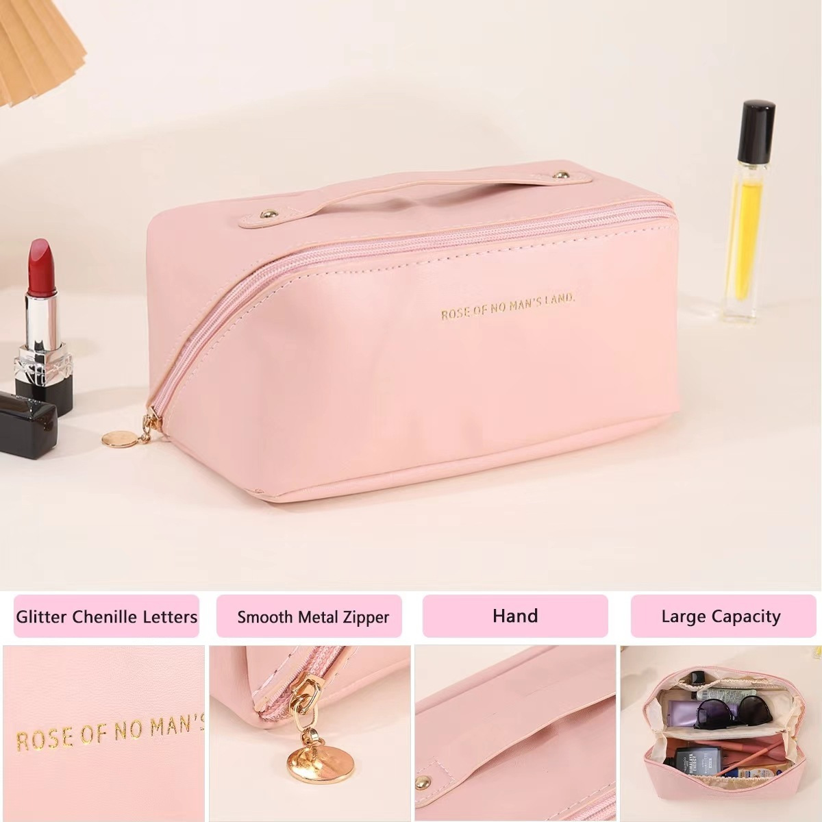 Large Capacity PU Leather Makeup Bag Waterproof for Toiletry Case Zipper Custom Logo Floral Pattern Portable Travel Cosmetic Box