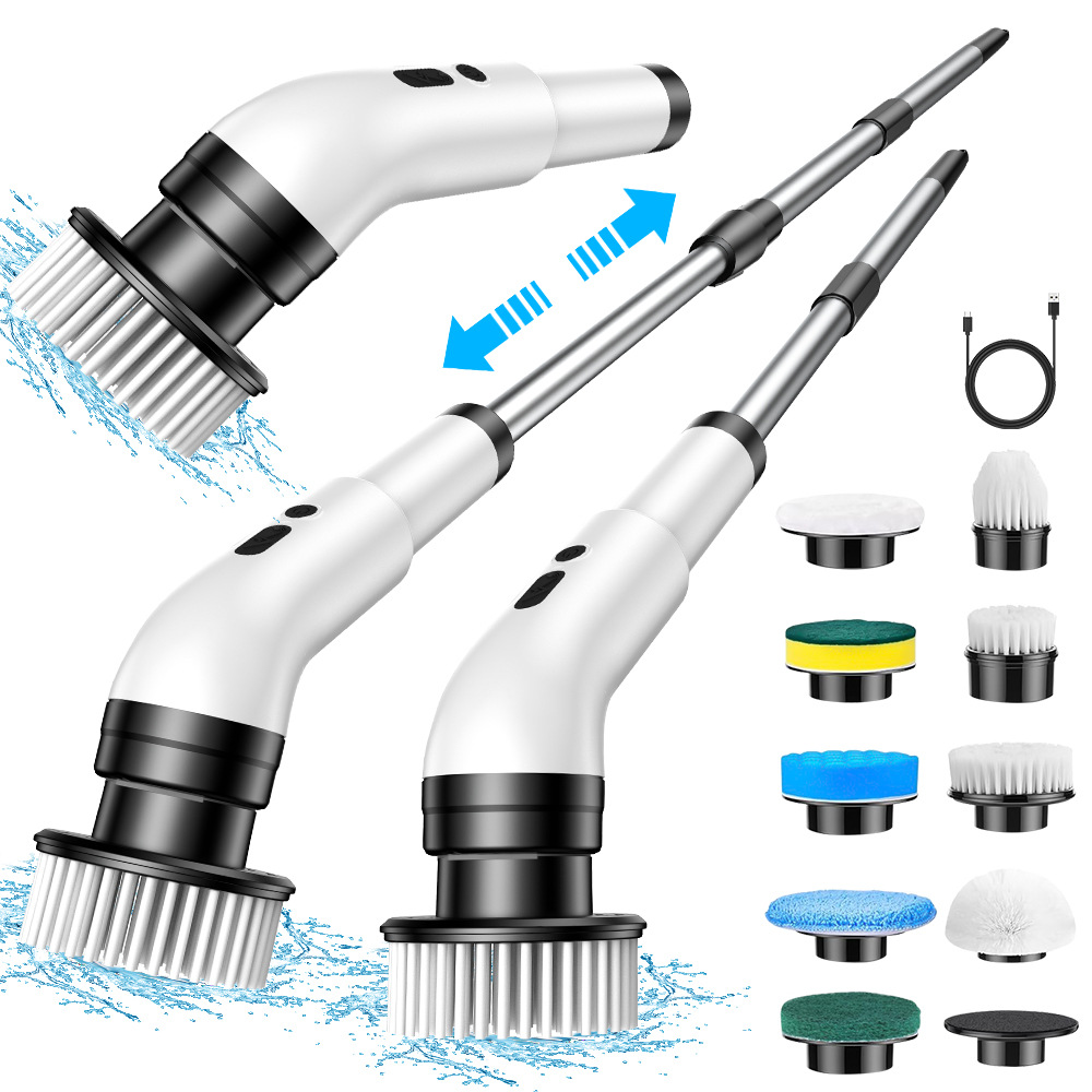 Electric Spin Scrubber, Quiet Cordless Shower Scrubber, 8 Replaceable Heads, Adjustable Extendable Pole