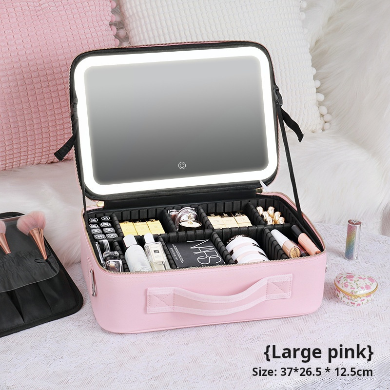 Personalized LED Makeup Case with Adjustable Lighting Mirrored LED Vanity Case Waterproof PU Cosmetic Case