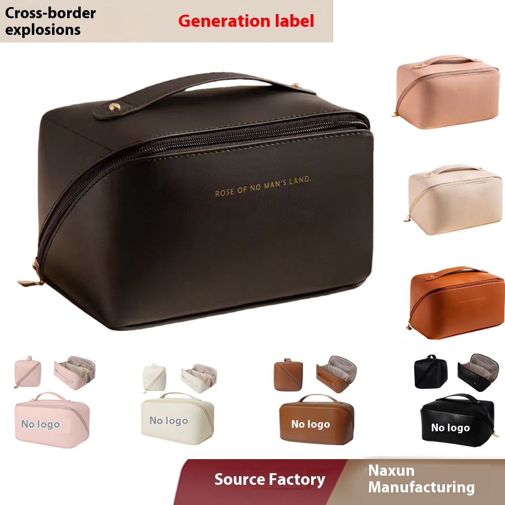 Large Capacity PU Leather Makeup Bag Waterproof for Toiletry Case Zipper Custom Logo Floral Pattern Portable Travel Cosmetic Box