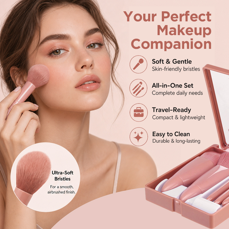 Portable 5pcs Multi-Function Synthetic Hair Makeup Brush Set Foundation Powder Blush Eye Shadow Face Cosmetic Kit Mirror Case