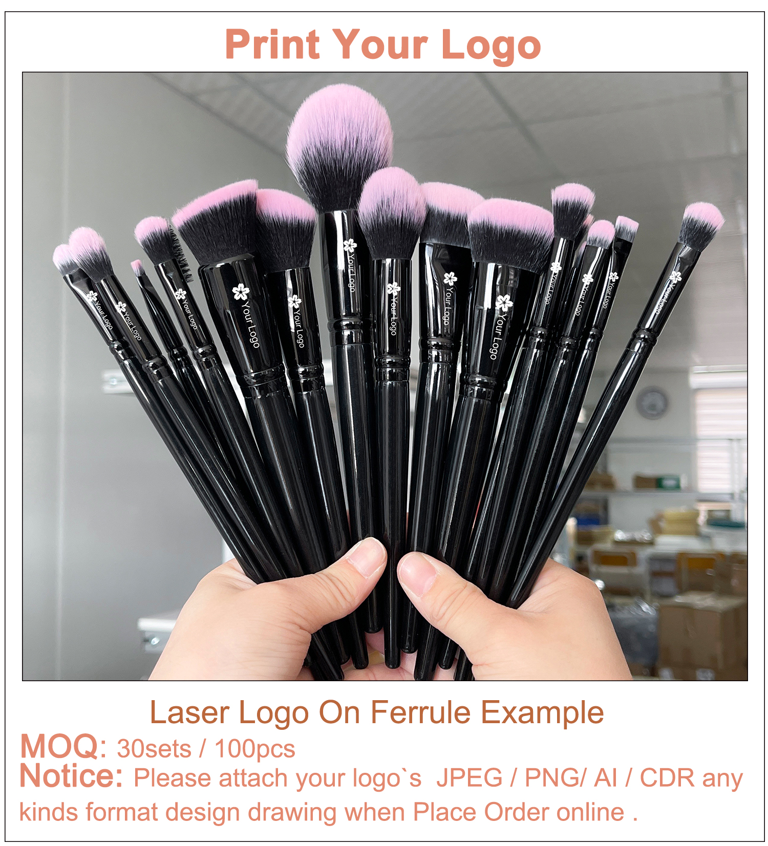 Daily Queen Customize Logo 19pcs Pink Hair Series Black High Top Quality Fluffy Powder Foundation Eyeshadow Makeup Brush Set