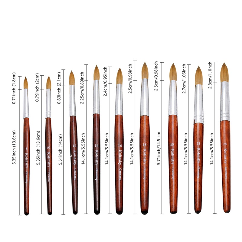 Hot Selling USA Red Wooden Handle Acrylic 100% Pure Sable Kolinsky England Acrylic Powder Brush Crimped Size 18-20