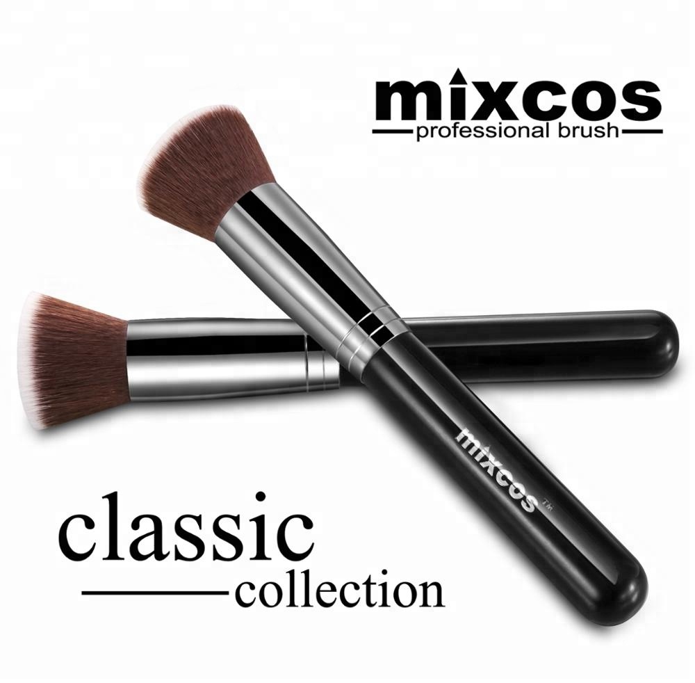 OEM High Quality Synthetic Hair Wood Handle Private Label Professional Flat Top Face Foundation Brush Black