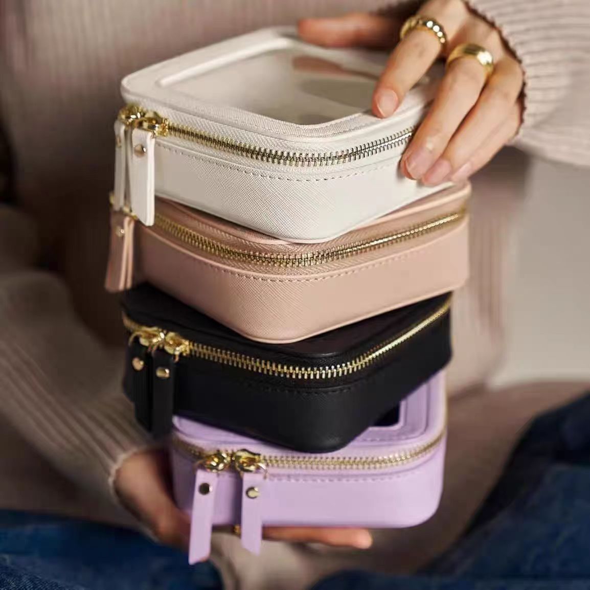 Small Cute Tiny Leather PU for Toiletry Organizer Case Mini Clear Makeup Bag with Zipper Closure for Travel Purse Cosmetics