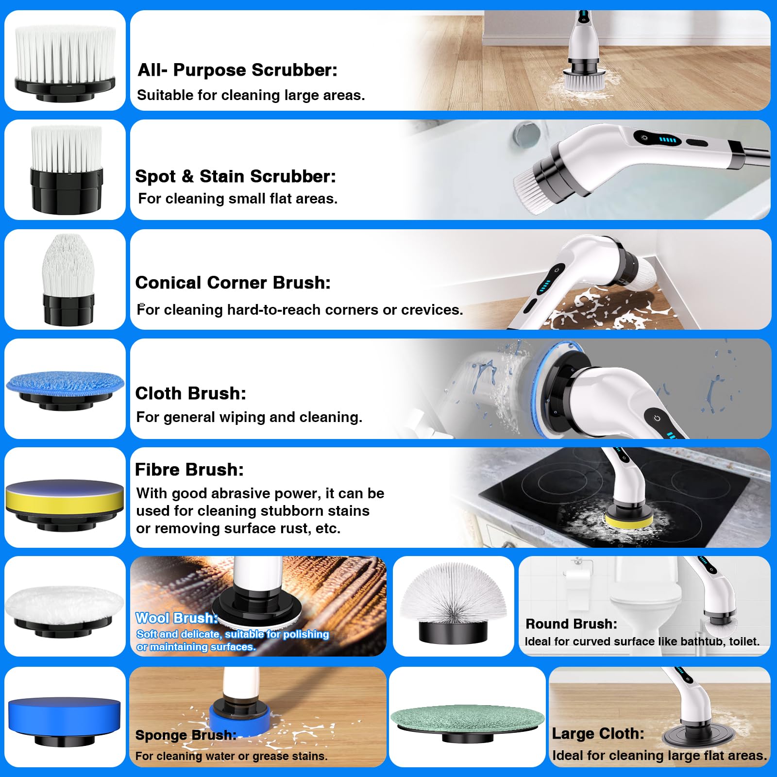 USB Rechargeable Electric Spin Scrubber Cleaning Brush Long Handle 9 Brush Sink Bathroom Bathtub Cleaner Cleans Brushes