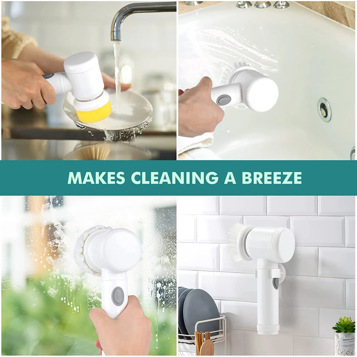 Electric Spin Scrubber Professional Cordless USB Rechargeable Automatic Handheld Cleaning Brush with 5 Brush Heads
