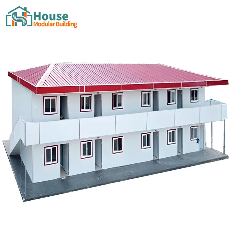 OEM A two-story, T-shaped container house with a red exterior and a hipped roof Supplier, Companies
