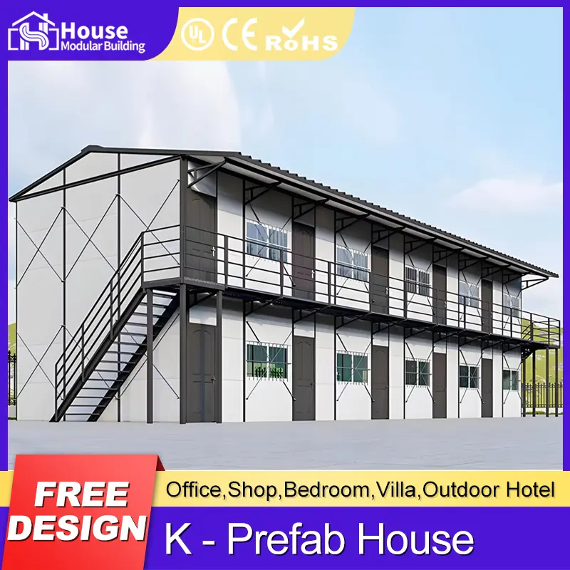 Custom two-story dark-colored K-shaped prefabricated house